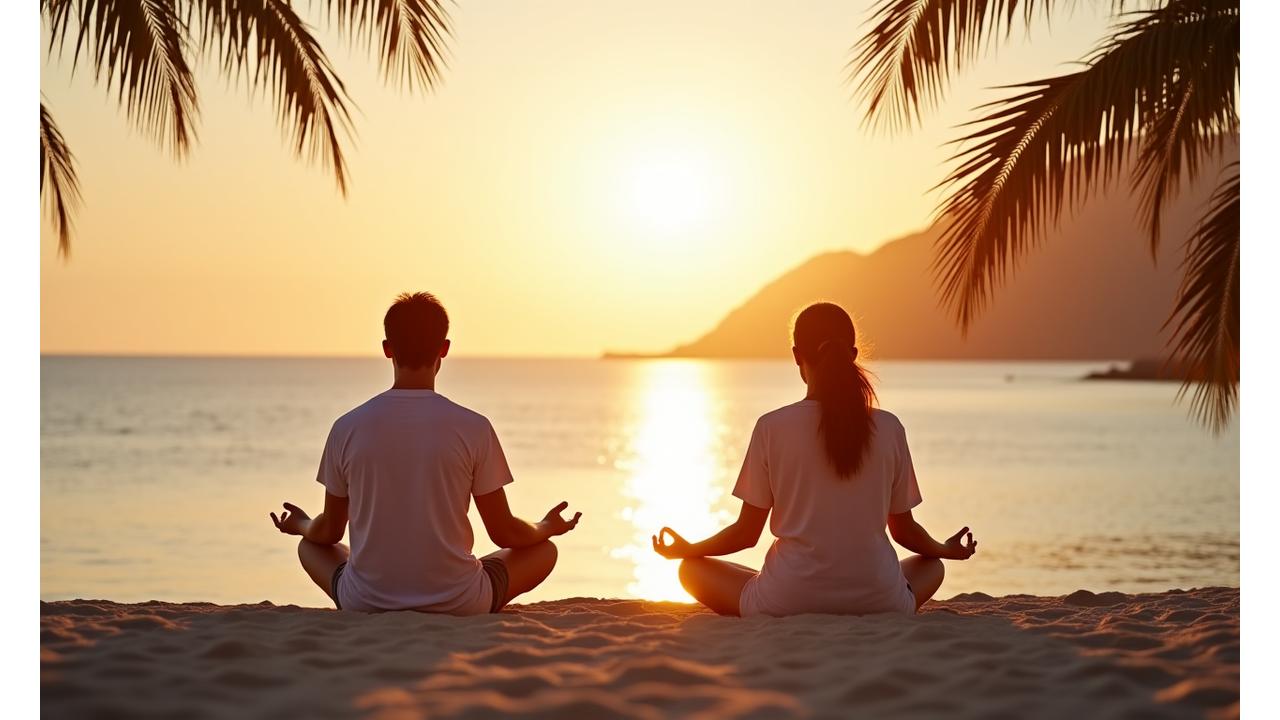 Profesionales relajados meditando en una playa al atardecer en Marbella, con el mar Mediterráneo de fondo y siluetas de palmeras.