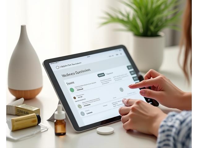 Persona usando una tablet para realizar un cuestionario de bienestar, con productos curados cerca.