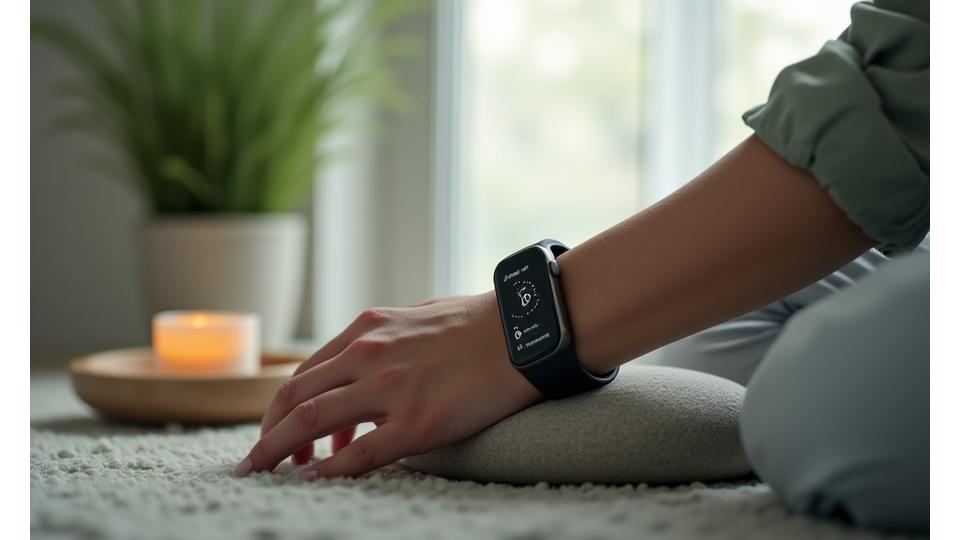 Detalle de un wearable sensor de pulso y un monitor de sueño en un entorno sereno.